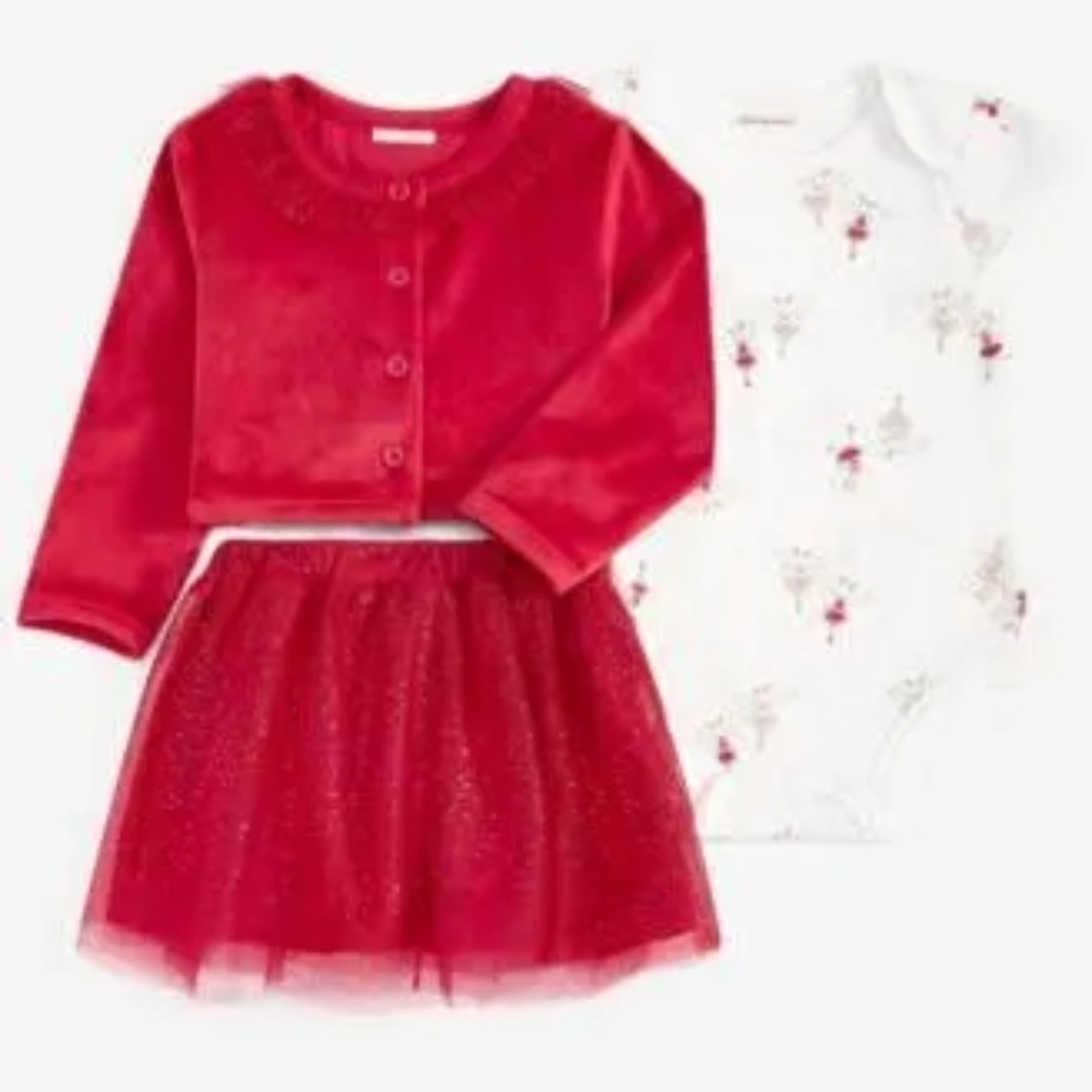 First Impressions Red Tulle Skirt & Cardigan Set with White Fairy Bodysuit